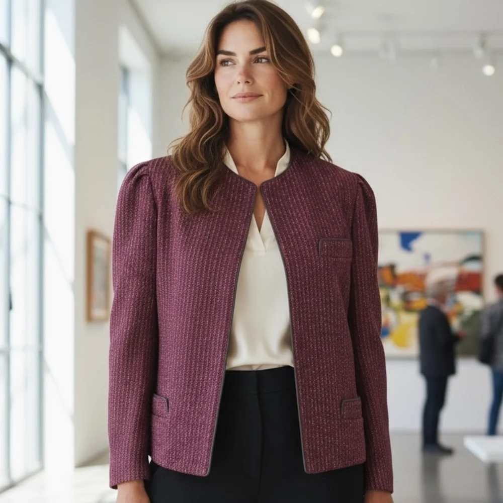 Elizabeth Arden New York wool blazer deep red tweed with black trim.